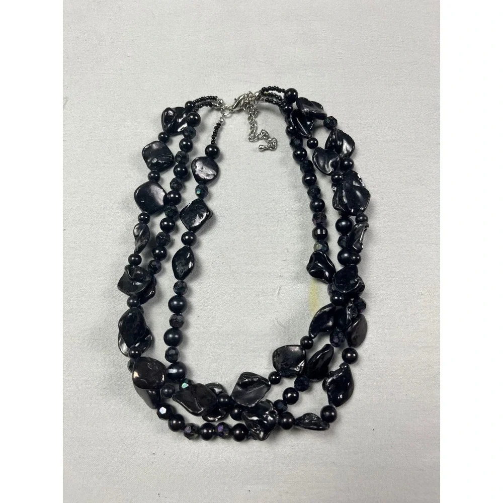 Black‎ Iridescent Triple Strand Beaded Statement Necklace Adjustable Silver Tone
